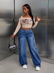 SHEIN SXY Women's Utility Pocket Wide Leg Relaxed Casual Denim Jeans