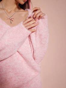 Enchnt Suéter casual de mujer con cuello en V de manga larga, color rosa