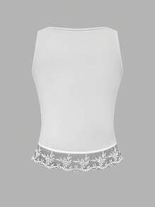 SHEIN LUNE Áo ba lỗ buộc dây phía trước cho nữ, thiết kế lưới thêu chắp vá - trắng - Xem 2