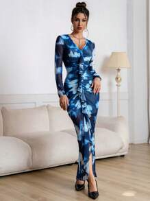 SHEIN Privé Vestido largo de mujer con estampado floral y volantes en el bajo - Azul - Ver 5