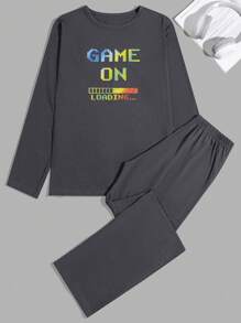 EURMUSE Conjunto de ropa de casa regular con impresión de letras de juego para hombres (camisa de manga larga y pantalones) - Gris Oscuro - Ver 2