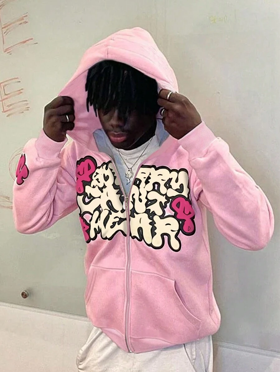 Manfinity Dauomo Men's Contrast Color Letter Print Zip Up Hooded Sweatshirt, For Fall, Long Sleeve Top - Pink - View 1