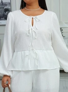 INAWLY Plus Size Women Solid Color Tie Front Lantern Sleeve Ruffle Hem Elegant Blouse, Spring Summer - White - View 6