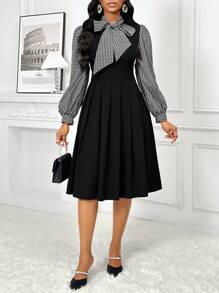 SHEIN Lady Autumn And Winter Elegant Black And White Woven Tie Neck Flared Midi Long Sleeve Dresses - Multicolor - View 5