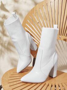 CUCCOO BASICS Damen modische weiße Stoff-Stretch-Spitze-Chunky-Heel Stiefel bis zur Mitte des Schienbeins, geeignet für Pendeln, Dates, Partys, Urlaub zu Weihnachten und Neujahr, Herbst- und Winterstimmung, Valentinstag