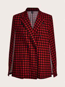 SHEIN Clasi Women's Fashion Versatile Red Houndstooth Print Notched Collar Split Sleeve Blazer Jacket For Autumn Winter Fall Women Outfits - Multicolor - View 10