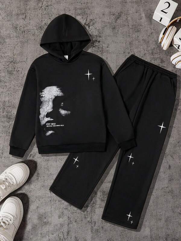 2pcs Teen Boy Casual Loose Fit Printed Hoodie Sweatshirt And Slightly Flared Pants Set, Autumn