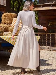 SHEIN VCAY Vestido largo casual de mujer de cuello redondo de manga larga con abertura y lazo delantero - Albaricoque - Ver 2