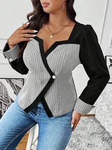 Flirla Plus Size French Waist Decor Button Down Long Sleeve Blouse Shirt - Black and White - View 4