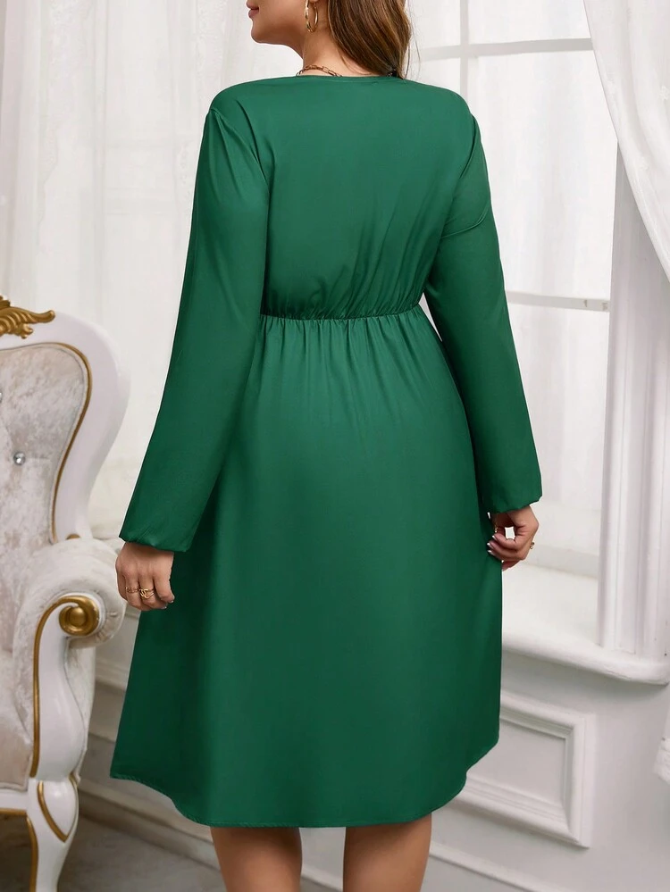 Plus Size Women Floral Print V-Neck Long Sleeve Lantern Sleeve Winter Dress
