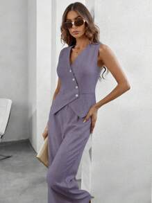 SHEIN Clasi Women Casual Commuting Solid Color Vest & Pants 2 Pieces Suit Set - Purple - View 4