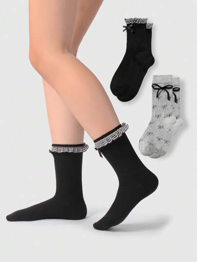 Kawaii 2 Pairs Vintage Style Elegant Simple Versatile College Ribbed Bow + Embroidered Bow Crew Socks Combo Pack, Suitable For Women Daily Outfit, Comes In Gift Box Packaging