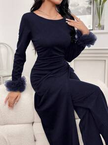 Modelyn Women 2pcs Set Solid Color Ruffle Trim Round Neck Blouse And Pants, Casual Outfit - Royal Blue - View 1