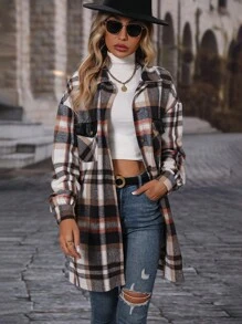 SHEIN LUNE Women's Front Button Long Sleeve Pocket Plaid Casual Jacket, Simple Design