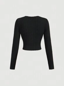 SHEIN MOD Black Elegant Round Neck Metal Button Bell Sleeve T-Shirt, Autumn T-Shirt, Layer T-Shirt, Long Sleeve T-Shirt, Sexy Black Top, Costume For Women