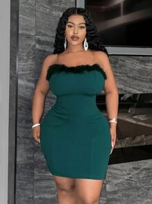 Slaydiva Elegant & Party & Gathering & Sexy & Dating & Evening Wear Women Plus Size Solid Color Sheer Strap Removable V-Neck Fuzzy Splice Mini Dress, Spring/Summer