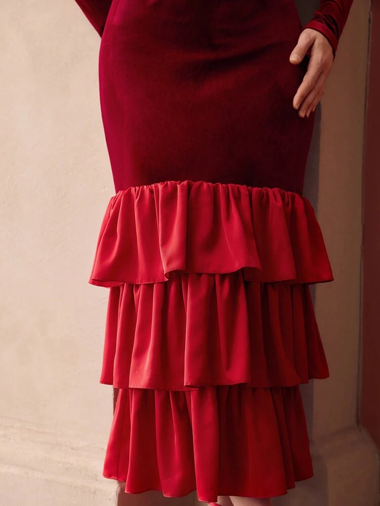 VELVET LAYERED RUFFLE HEM SLIM FIT LONG DRESS WITHOUT BELT