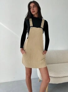 Aloruh Vestido peto de pana, estilo universitario, uso casual versátil, otoño/invierno - Caqui - Ver 7
