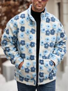 Manfinity Homme Veste zippée décontractée à col montant avec motif floral floqué pour homme, automne