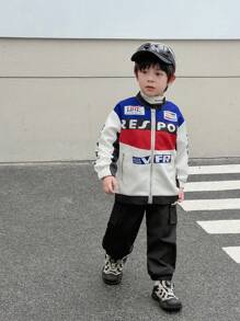SHEIN Set de 2 piezas Chaqueta de motocicleta de color contrastante y pantalones deportivos casuales cómodos para niños, estilo fresco y elegante, corte holgado, tacto suave, apropiado para la escuela, salidas en primavera y otoño