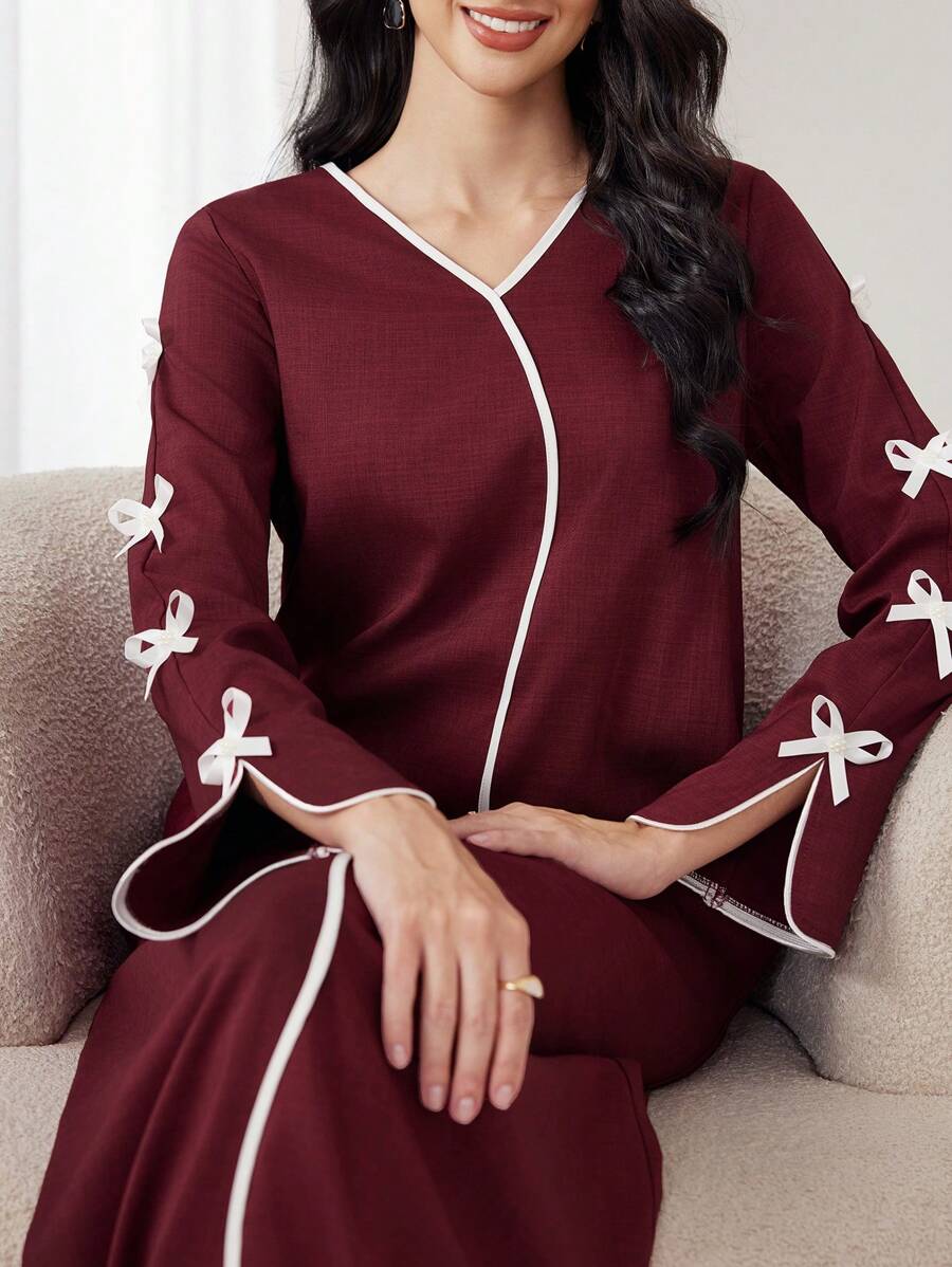 Yasmyna 女士优雅浪漫蝴蝶结撞色条纹派对连衣裙，休闲 A 字型阿拉伯朴素酒红色长袖连衣裙，适合日常休闲 - 酒紅色 - 查看 1