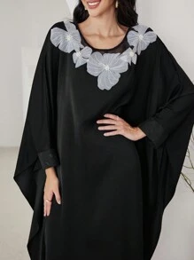 Al Najma Vestido árabe de manga larga de corte tradicional con abertura lateral, color liso, vestido de estilo modesto tipo caftán y jalabiya para uso casual diario