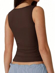 SHEIN SXY 大码休闲纯色褶饰修身背心 - 巧克力棕 - 查看 2