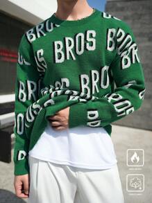 Manfinity Hypemode Men's Letter Crew Neck Colorful Long Sleeve Casual Pullover Green Sweater, Autumn/Winter, For Going Out, Friends - Green - View 5