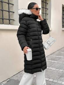 SHEIN Cottnline Fur Detailed Puffy Army Green Padded Long Coat - Black - View 5