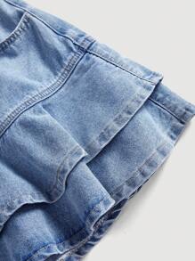 SHEIN EZwear Women's Casual Sweet Denim Mini Skirt With Bowknot Accent & Ruffle Hem, High Waist, Blue