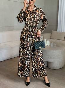 SHEIN Privé Combinaison à larges jambes imprimée sur toute la surface pour femmes, à la mode pour l'automne - Multicolore - Voir 2