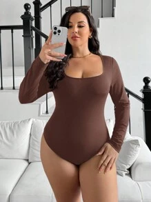 SHEIN Essnce Plus Size Long Sleeve Bodysuit For Women, Long Sleeve Bodysuit For Fall, Bodysuit For Women,Fall Clothes Women Tops Fall Women Shirts Fall Women Outfits Tops With Sleeves Long Sleeves Woman Long Sleeve Women Tops Long Sleeve Bodysuit