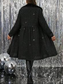 SHEIN Clasi Plus Size Women Boucle Knit Fitted Long Sleeve High Collar Sequin Embellished Midi Dress, Suitable For Christmas/Halloween Party, Autumn/Winter - Black - View 1