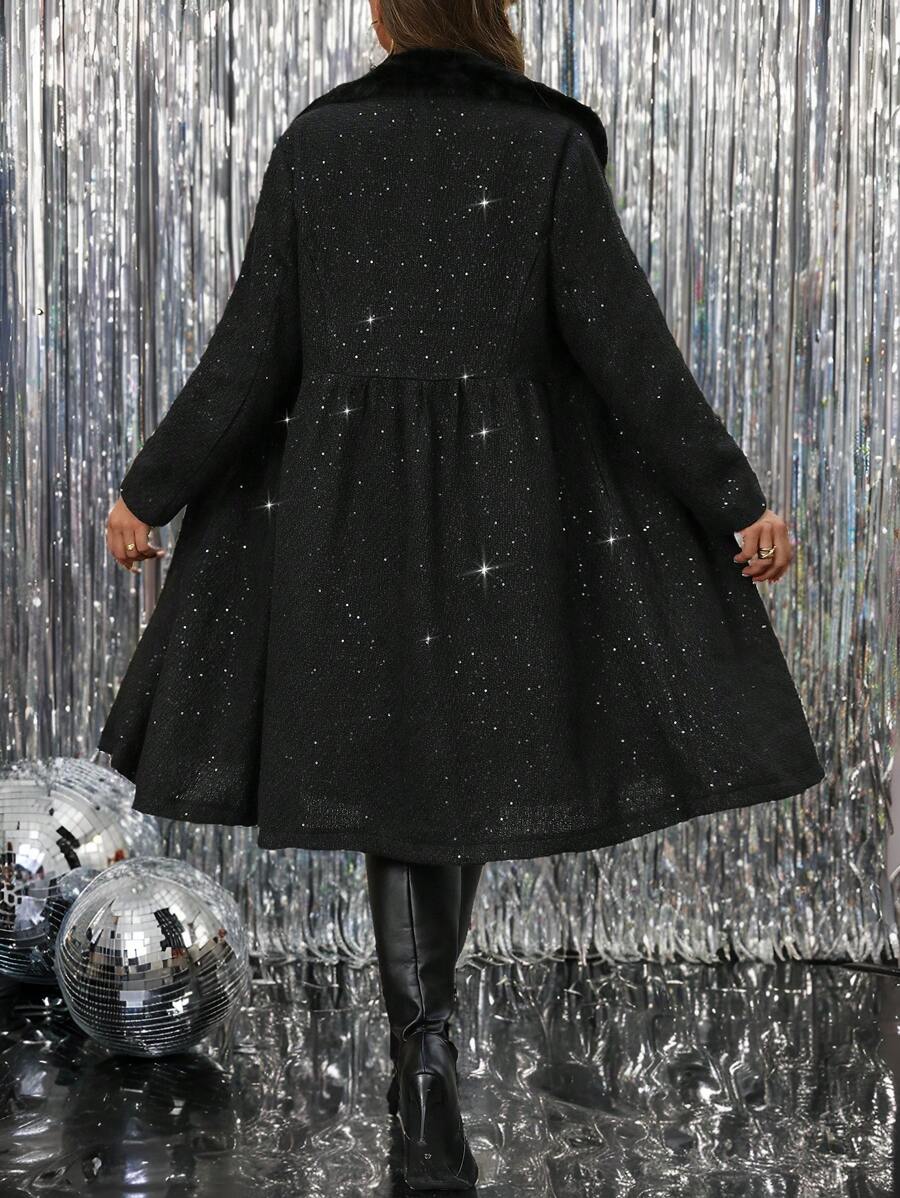 SHEIN Clasi Plus Size Women Boucle Knit Fitted Long Sleeve High Collar Sequin Embellished Midi Dress, Suitable For Christmas/Halloween Party, Autumn/Winter - Black - View 1