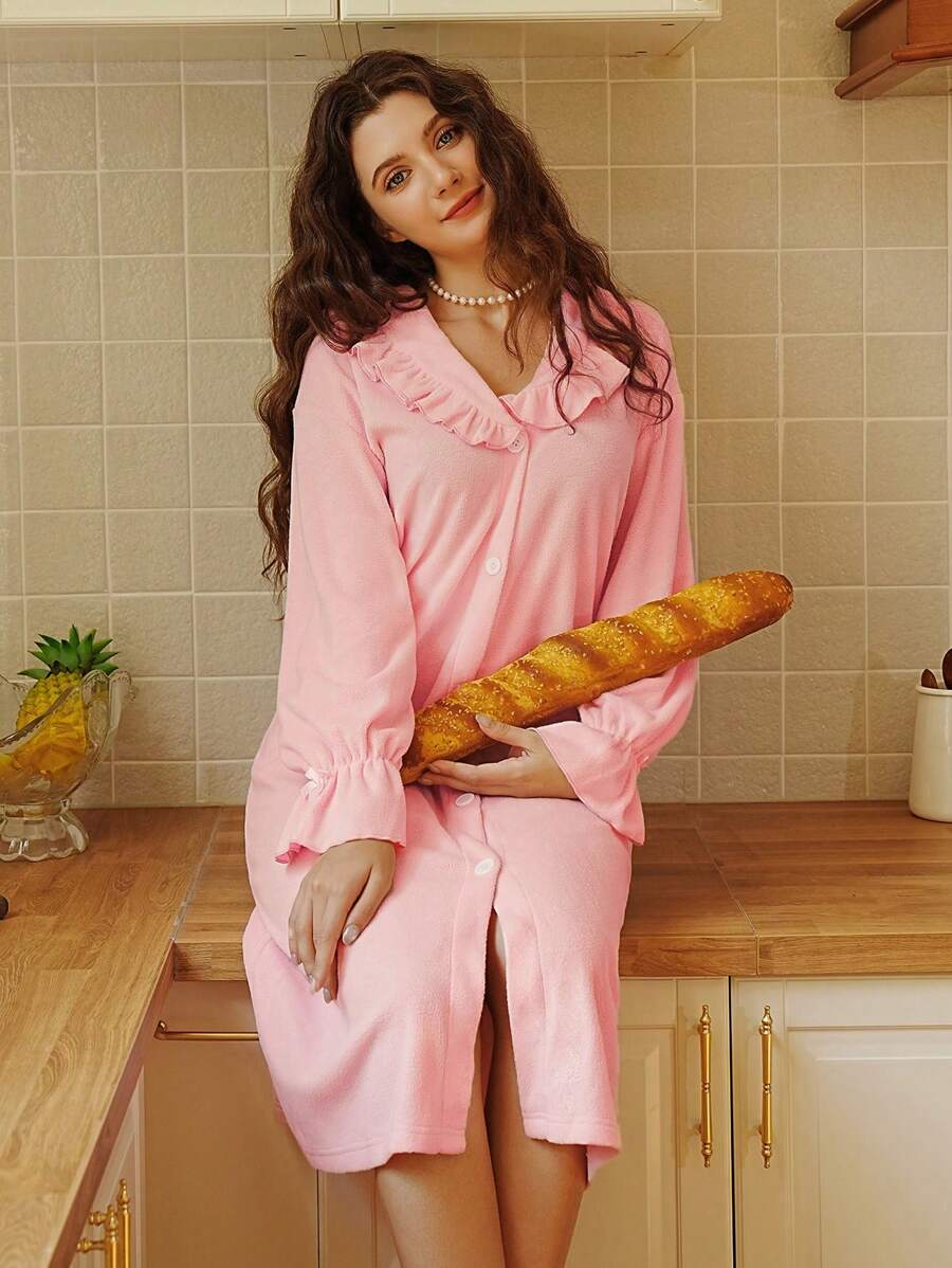 Áo choàng ngủ dài tay nhún bèo lãng mạn kiểu Pháp cho nữ - Hồng - Xem 1