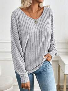 SHEIN PETITE 1pc Women Casual Loose Long Sleeve T-Shirt, Autumn/Winter - Grey - View 3