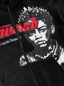 SHEIN Sudadera holgada con gráfico de figura para adolescentes varones, con frente abierto - Negro - Ver 4