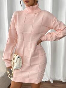 Chiquease 高领块状图案女式长袖休闲毛衣连衣裙 - 粉色 - 查看 4