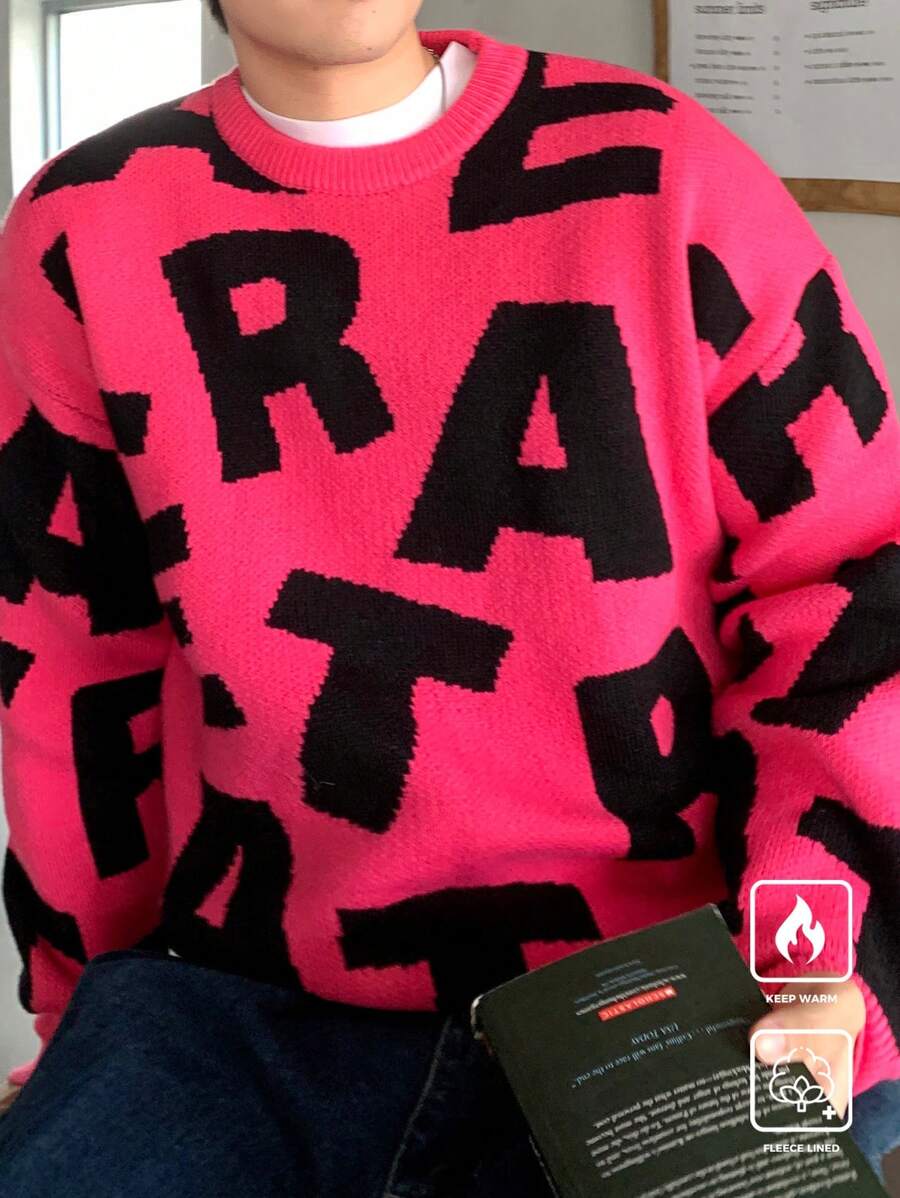 Claim Dot Men's Casual Letter Pattern Crew Neck Long Sleeve Knit Sweater, Autumn/Winter