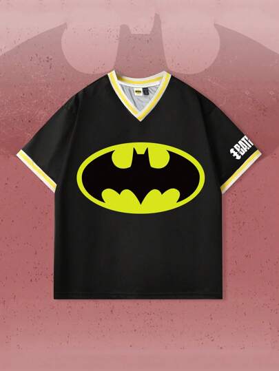 Batman X ROMWE Men's Casual Bat Print Sports T-Shirt, Summer Sports Jersey