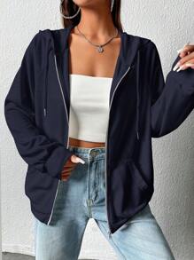 SHEIN EZwear 大码女式白色百搭休闲连帽长袖卫衣，适合日常穿着，秋冬季节。 - 藏蓝色 - 查看 5