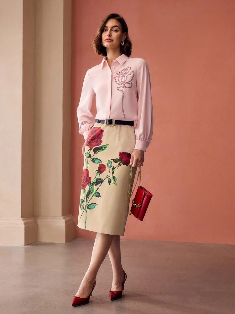 FLORAL PRINT CONTRAST WAIST STRAIGHT LEG SKIRT WITHOUT BELT