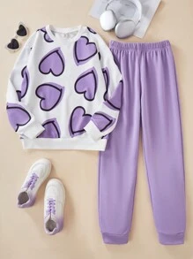 2pcs/Set Tween Girl Cute Heart All-Over Print Sweatshirt And Sweatpants Set, Casual For Thanksgiving