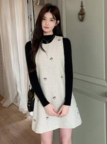 DAZY 1pc Women Bow Embroidered Mid-Length Dress, Cute Style For Autumn/Winter