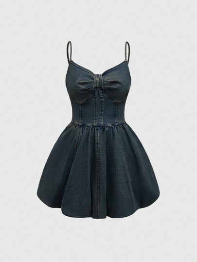 Women's Sexy Studded Sleeveless Mini Bubble Denim Dress
