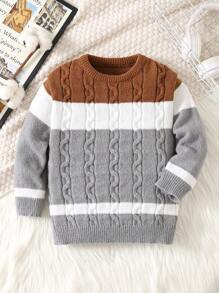 1 pieza Suéter de cuello redondo acanalado, casual, cómodo, de moda y versátil, para niños pequeños, adecuado para la escuela, al aire libre, deportes, otoño/invierno