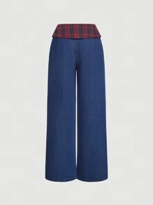 SHEIN MOD Women's Simple Casual Front Button Plaid Patchwork Denim Jeans - Blue - View 2