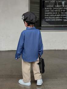 SHEIN 2pcs/Set Young Boy Casual Denim Effect Shirt And Loose Straight Leg Pants Outfit, Suitable For School & Daily Wear, Autumn/Winter - Multicolor - View 2