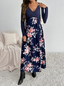 SHEIN Maternity Nursing Dress, V-Neck Long Sleeve Patchwork Printed Maternity Dress, Blue - Navy Blue - View 4
