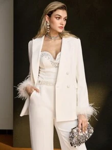 MOTF SOLID PEAK COLLAR CONTRAST FUZZY CUFF DOUBLE BREASTED PLACKET BLAZER - White - View 8